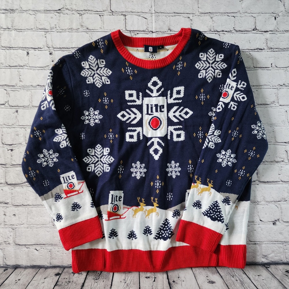 Miller Lite Ugly Christmas Sweater Mens XL Navy Blue Beer Reindeer Knit
